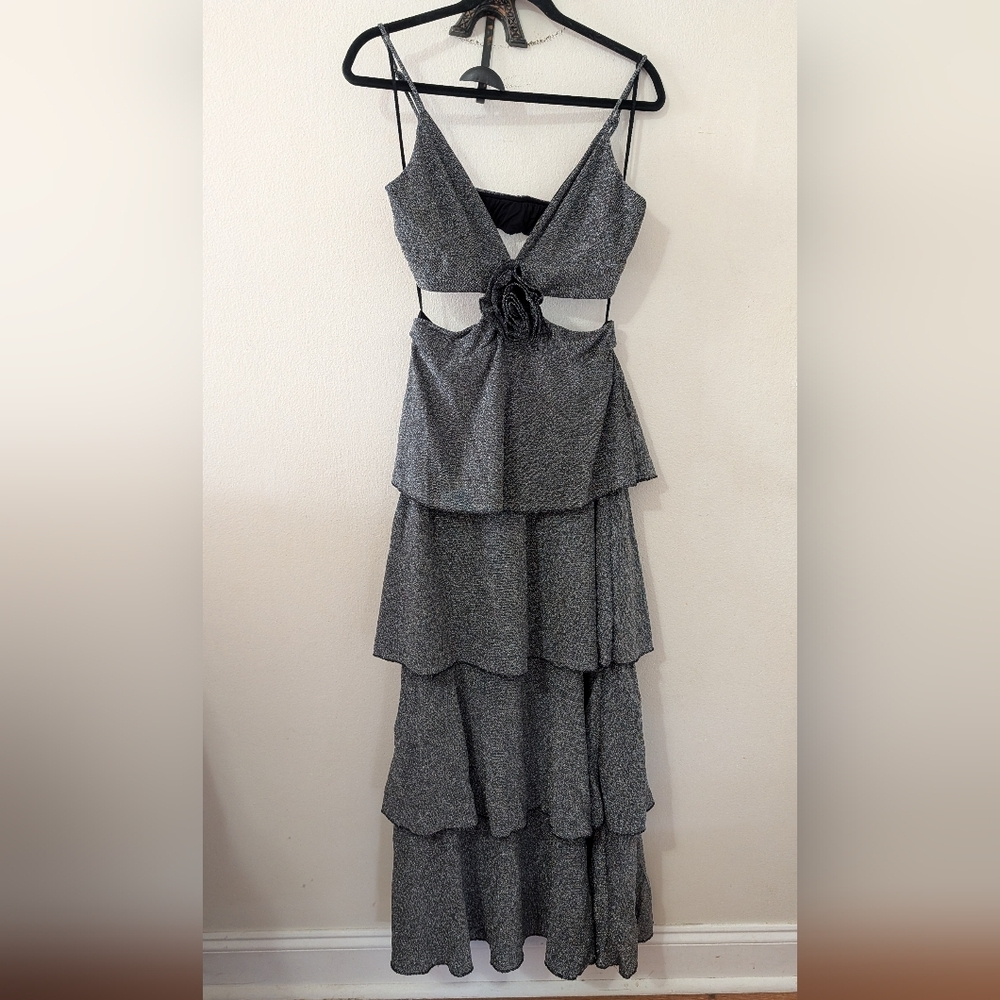 Line & Dot Prism Dress Silver Black Tiered Cutout Maxi Rosette Detail Size M
